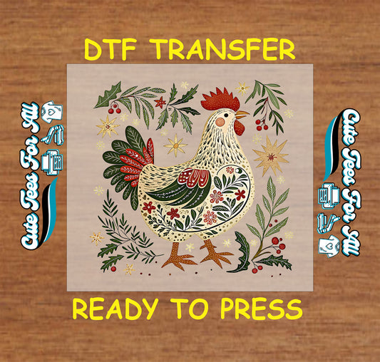 Christmas ready to press DTF transfer with folk art rooster surrounded by holiday florals, stars, greenery, and berries.