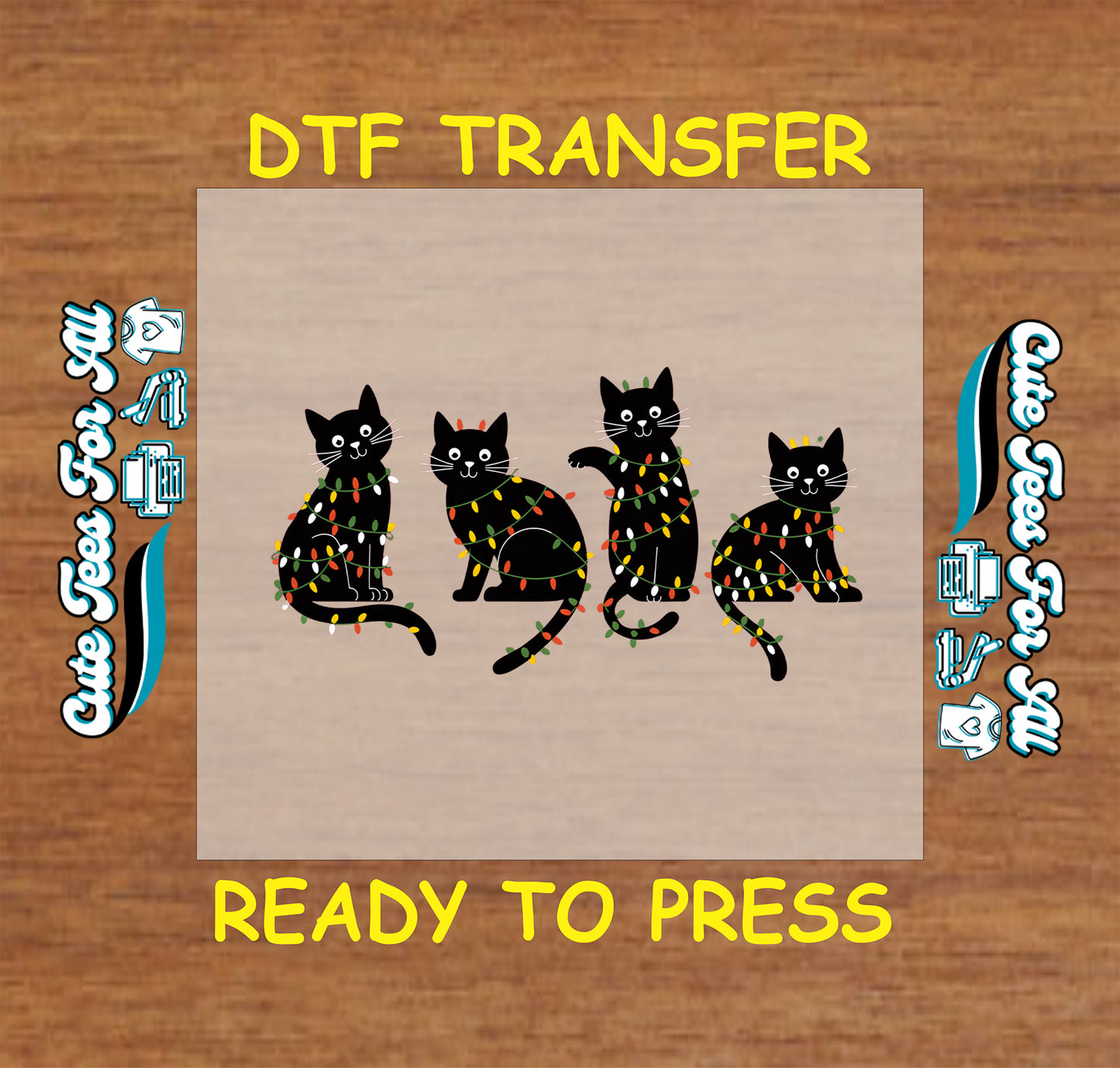 Christmas ready to press DTF transfer with black cats wrapped in colorful Christmas lights.