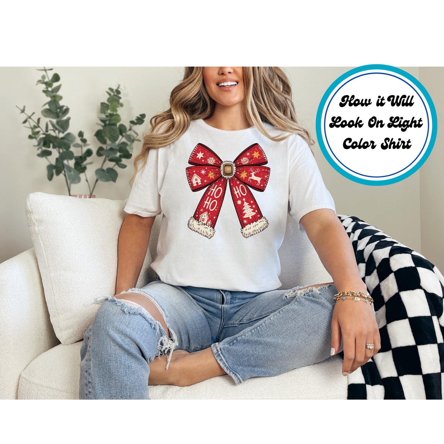 Christmas DTF Transfer – Red Holiday Bow with Ho Ho Ho and Winter Icons Ready to Press Iron On Heat Transfer for DIY Shirts 11644