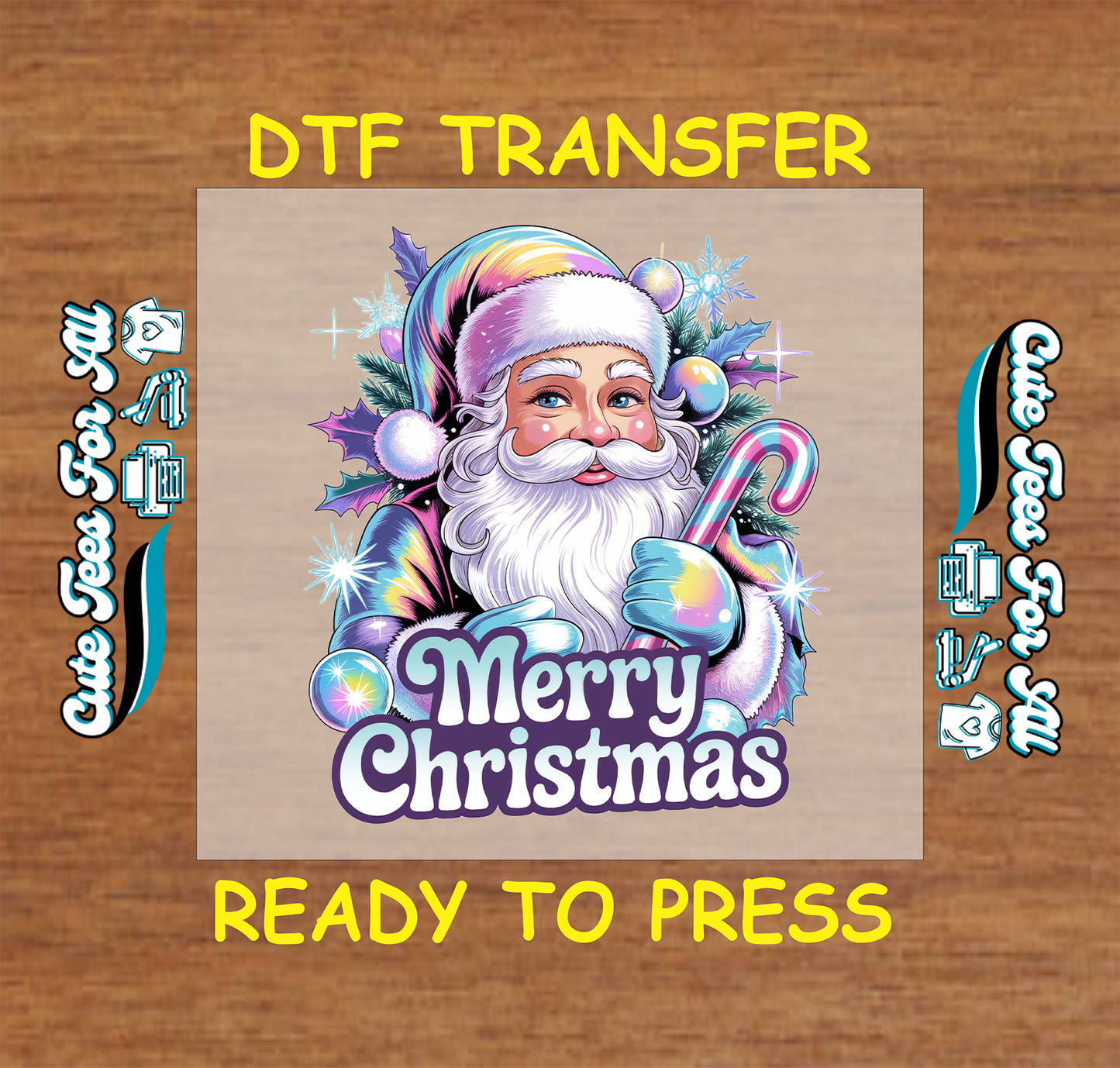 Christmas DTF transfer with retro Santa, candy cane, ornaments, sparkles, and Merry Christmas text, ready to press dtf for DIY shirts