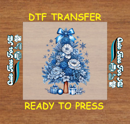 Christmas DTF transfer with blue and white floral tree, bow, snowflakes, and gifts, ready to press dtf for DIY shirts
