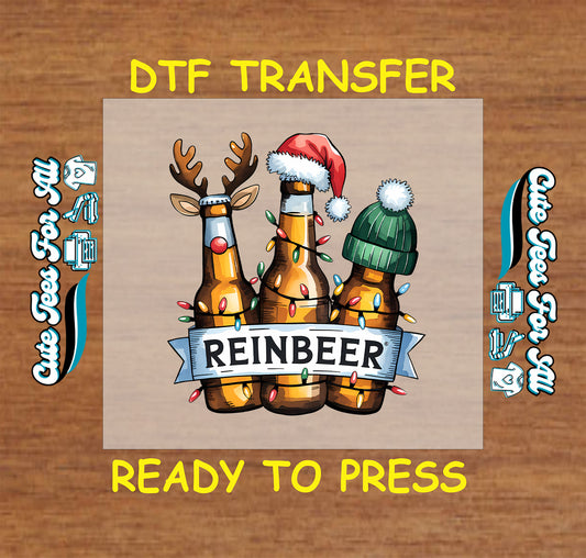 Christmas DTF transfer with Reinbeer bottles, Santa hat, reindeer antlers, beanie, and lights, ready to press dtf for DIY shirts