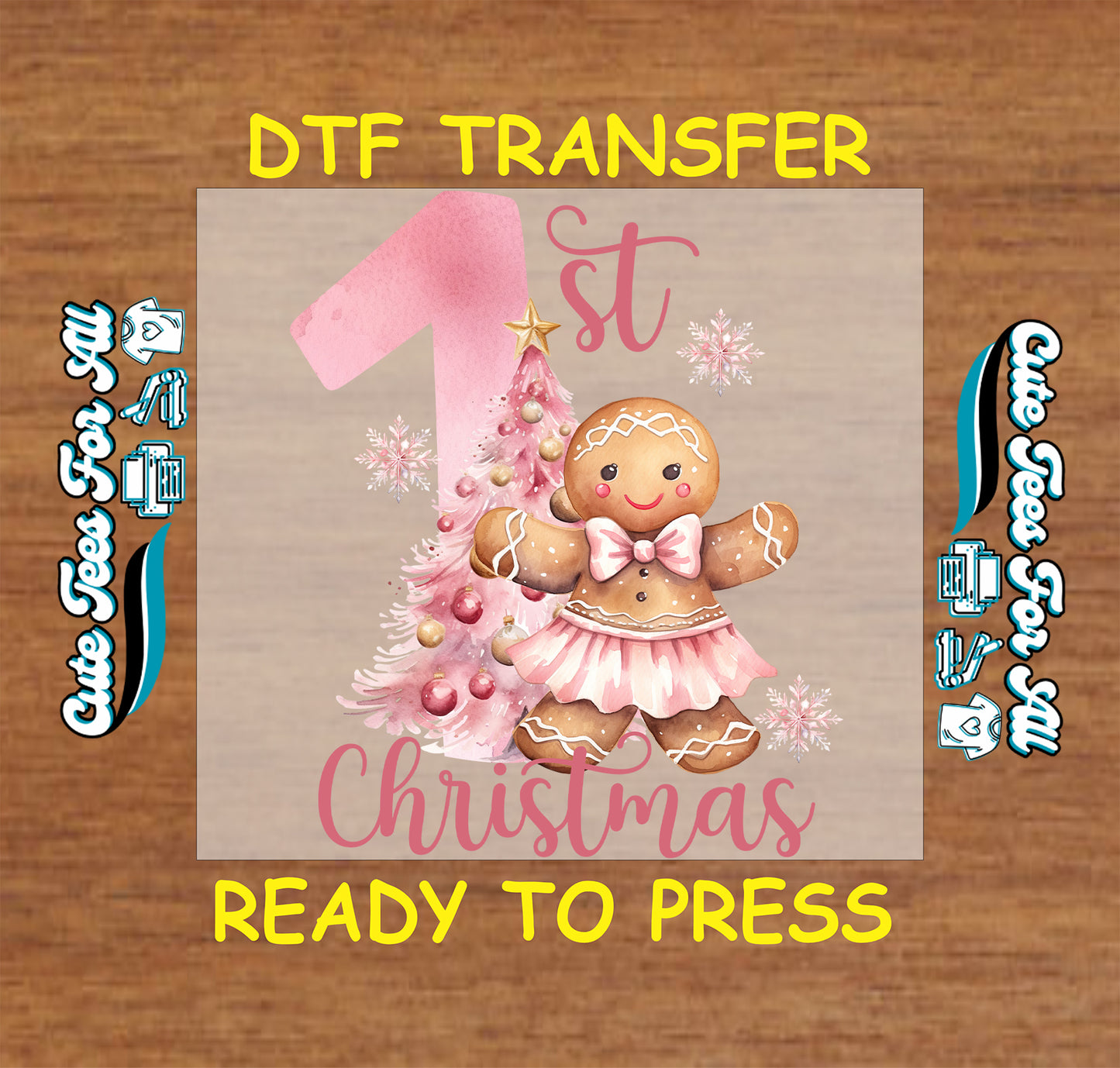 1st Christmas ready to press dtf transfer with gingerbread girl in pink skirt, pink Christmas tree, and snowflakes