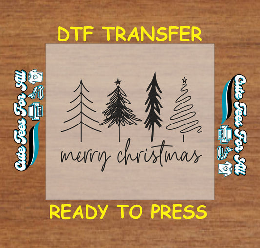 Merry Christmas ready to press dtf transfer with minimalist black line art Christmas trees