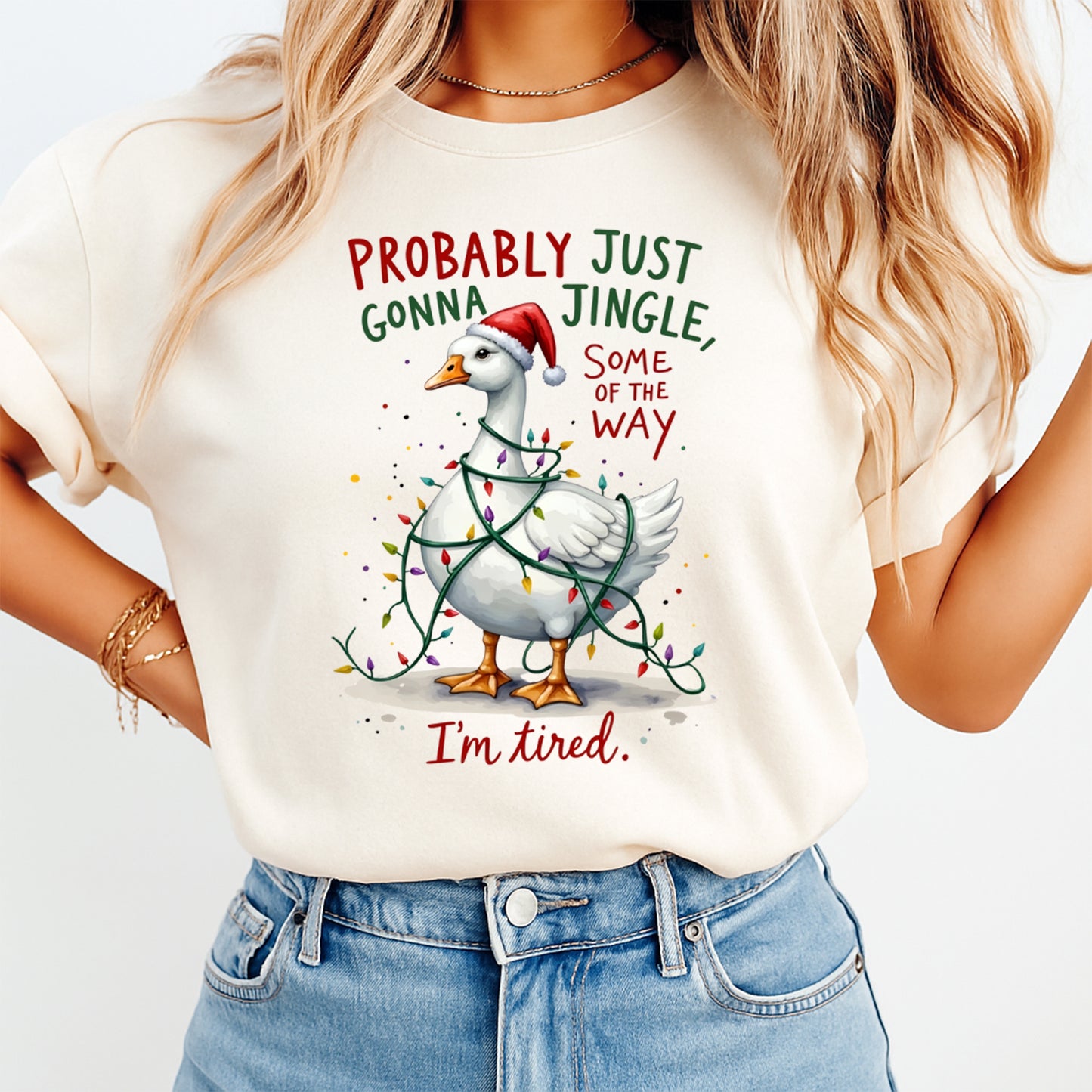 Christmas DTF Transfer – Funny Goose Wrapped in Lights with Santa Hat Ready to Press Iron On Heat Transfer for DIY Shirts 11676