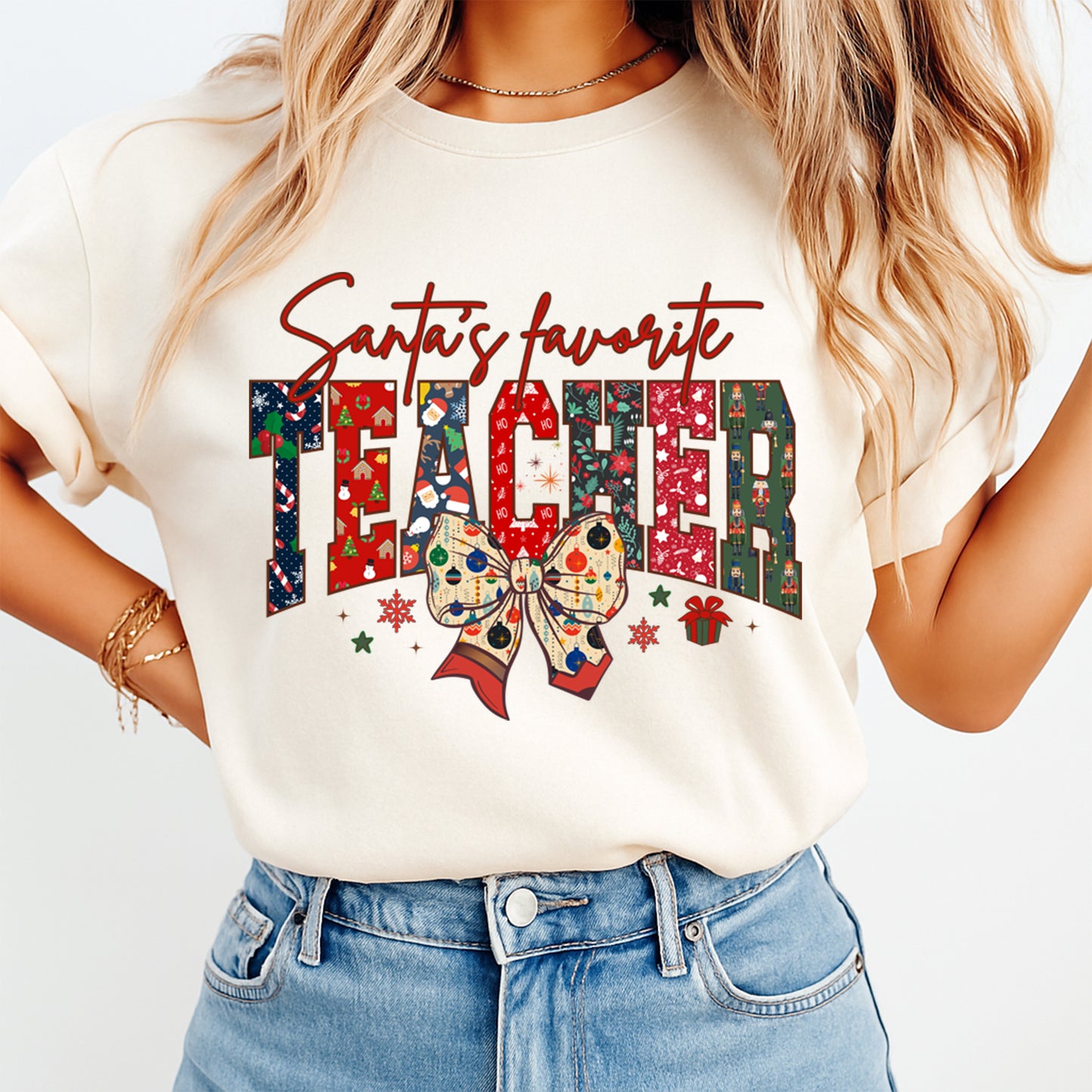 Christmas DTF Transfer – Santa’s Favorite Teacher Patchwork Letters with Ornament Bow Ready to Press Iron On Heat Transfer for DIY Shirts 11679