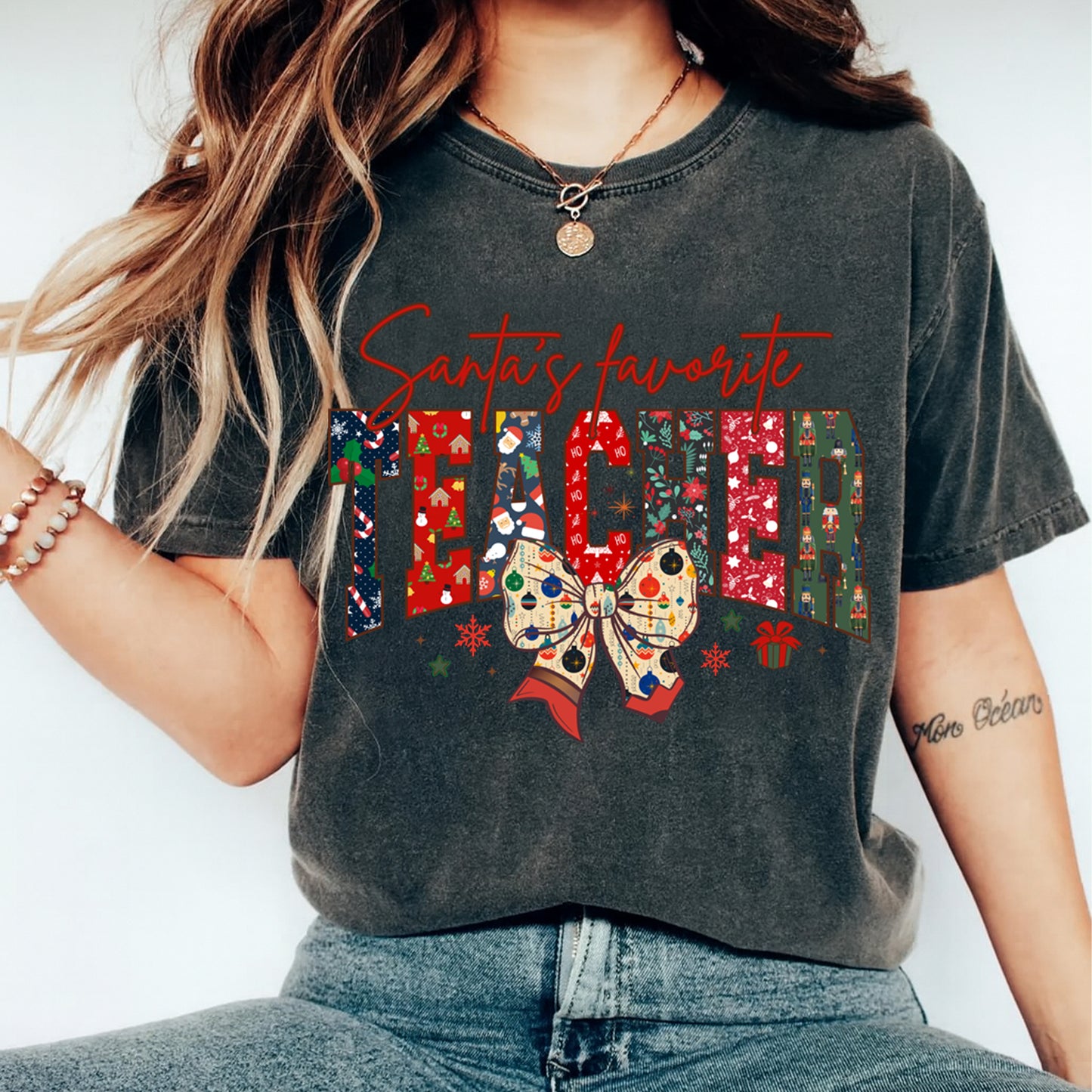 Christmas DTF Transfer – Santa’s Favorite Teacher Patchwork Letters with Ornament Bow Ready to Press Iron On Heat Transfer for DIY Shirts 11679