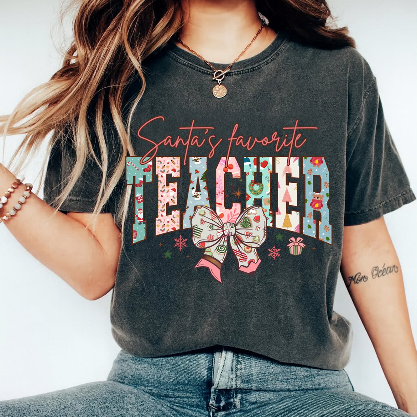 Christmas DTF Transfer – Santa’s Favorite Teacher Pastel Letters with Holiday Bow Ready to Press Iron On Heat Transfer for DIY Shirts 11680