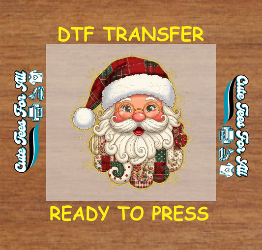 Plaid hat Santa Christmas ready to press DTF iron on heat transfer with patchwork ornaments for DIY shirts