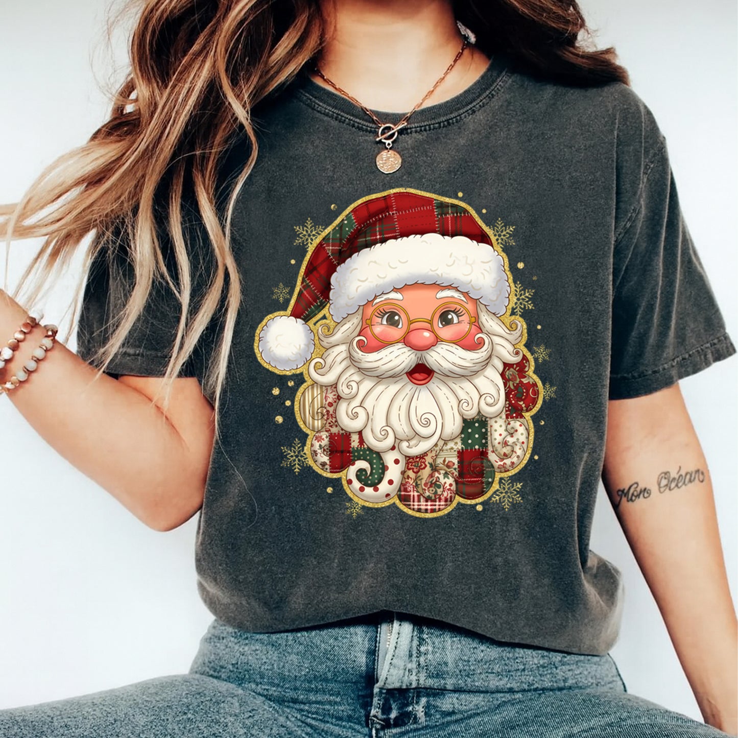 Christmas DTF Transfer – Plaid Hat Santa with Patchwork Ornaments Ready to Press Iron On Heat Transfer for DIY Shirts 11681