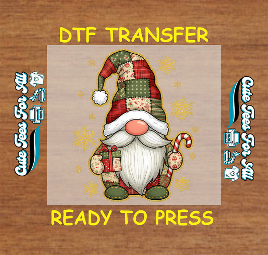 Christmas gnome with patchwork hat holding candy cane and gift, ready to press DTF iron on heat transfer for DIY shirts