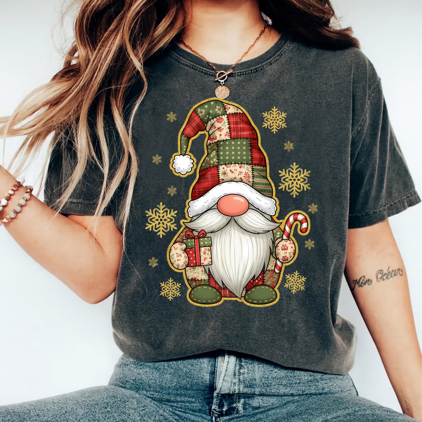 Christmas DTF Transfer – Patchwork Gnome with Gift and Candy Cane Ready to Press Iron On Heat Transfer for DIY Shirts 11682