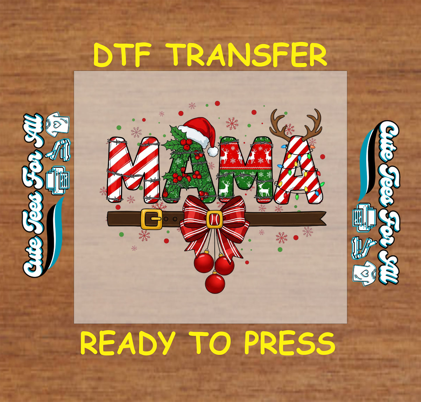 christmas mama dtf transfer with santa hat reindeer and bow ready to press iron on heat transfer for diy shirts