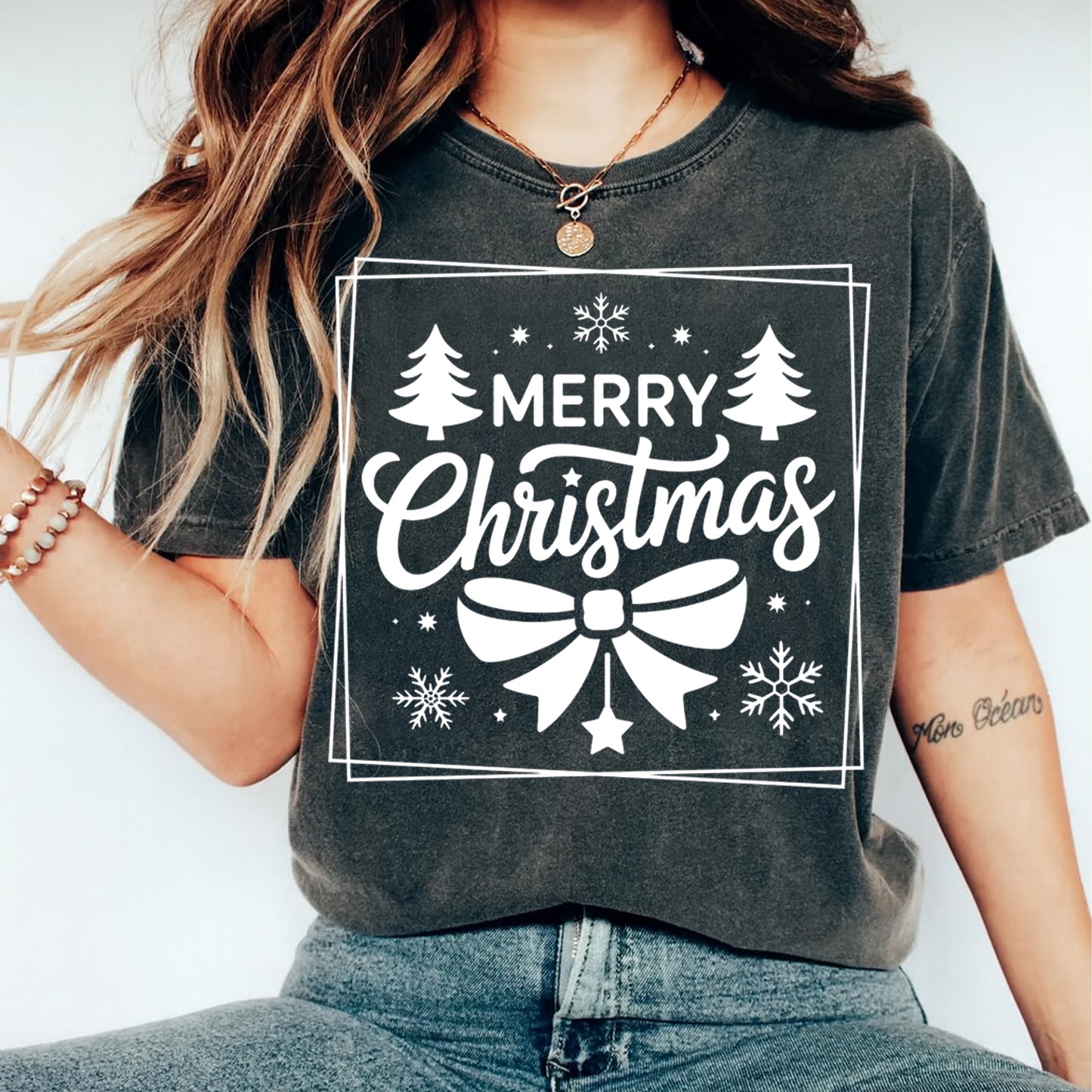 Christmas DTF Transfer – Merry Christmas with Trees and Bow Ready to Press Iron On Heat Transfer for DIY Shirts 11690