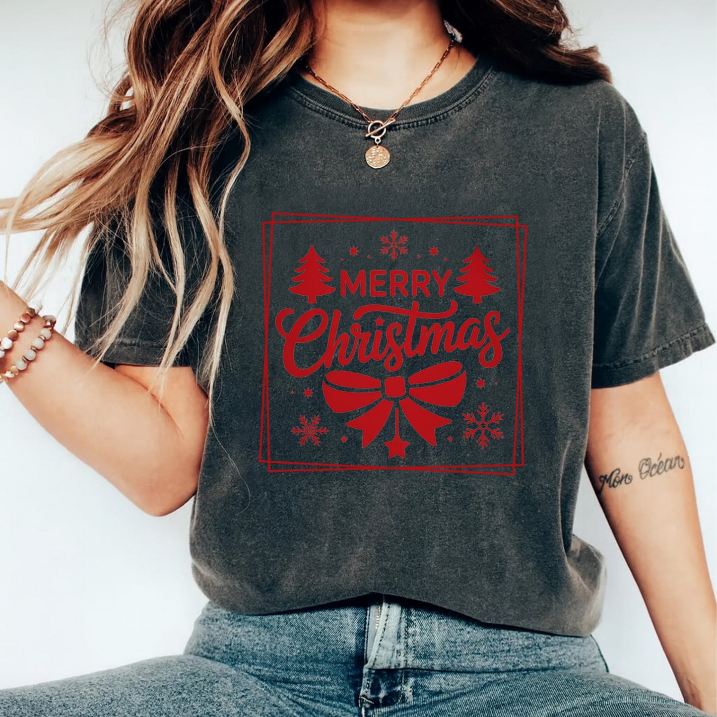 Christmas DTF Transfer – Red Merry Christmas with Bow and Trees Ready to Press Iron On Heat Transfer for DIY Shirts 11691