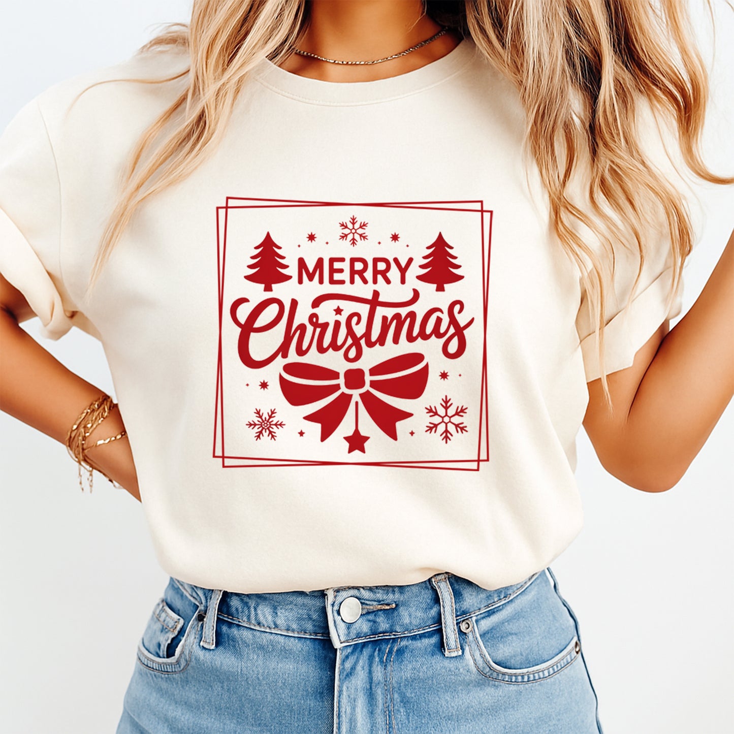 Christmas DTF Transfer – Red Merry Christmas with Bow and Trees Ready to Press Iron On Heat Transfer for DIY Shirts 11691