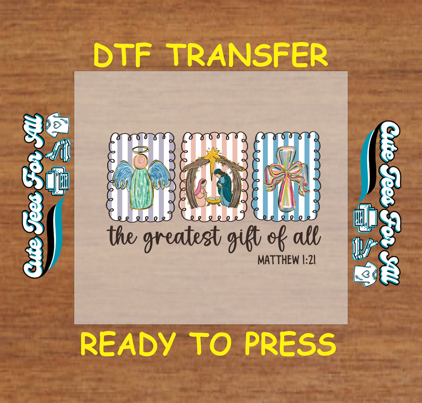 the greatest gift of all christmas dtf transfer with nativity angel and bow ready to press iron on heat transfer for diy shirts