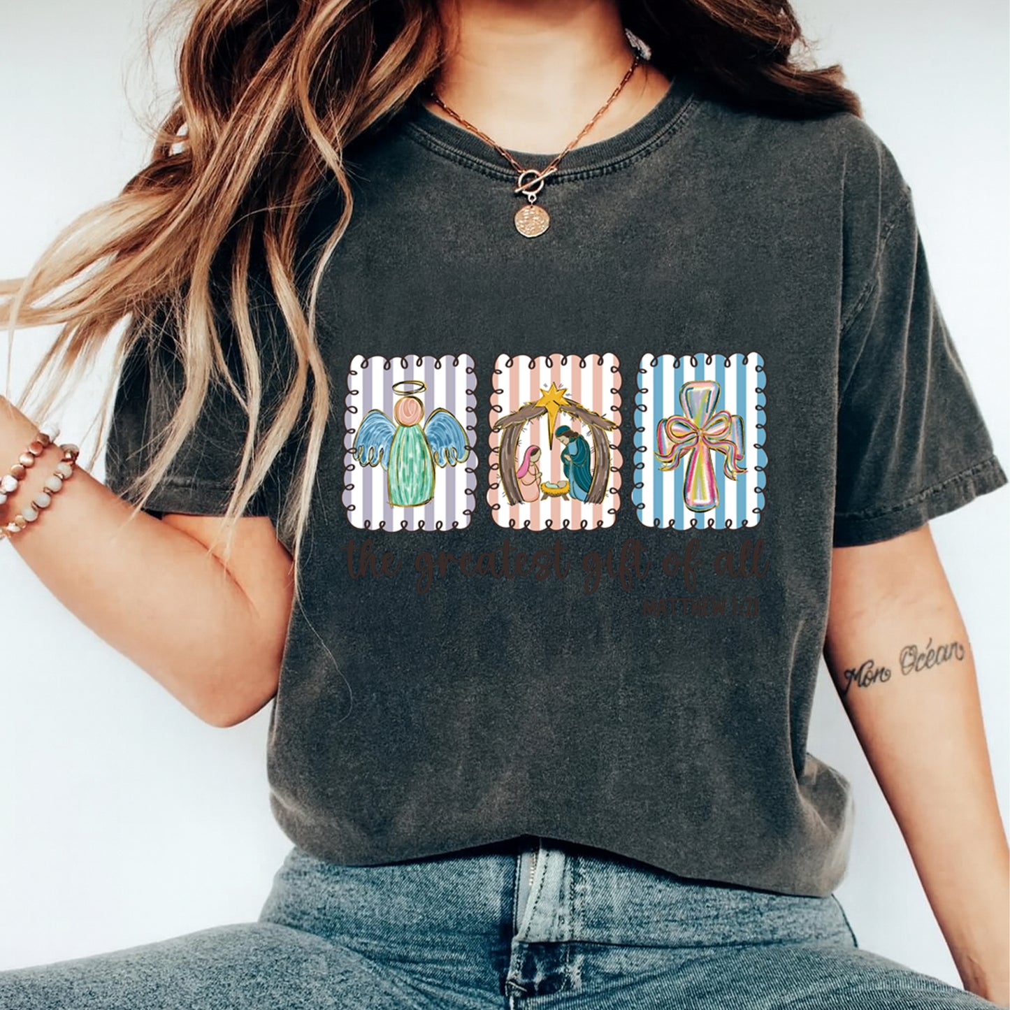 Christmas DTF Transfer – The Greatest Gift of All Nativity Angel and Bow Ready to Press Iron On Heat Transfer for DIY Shirts 11692