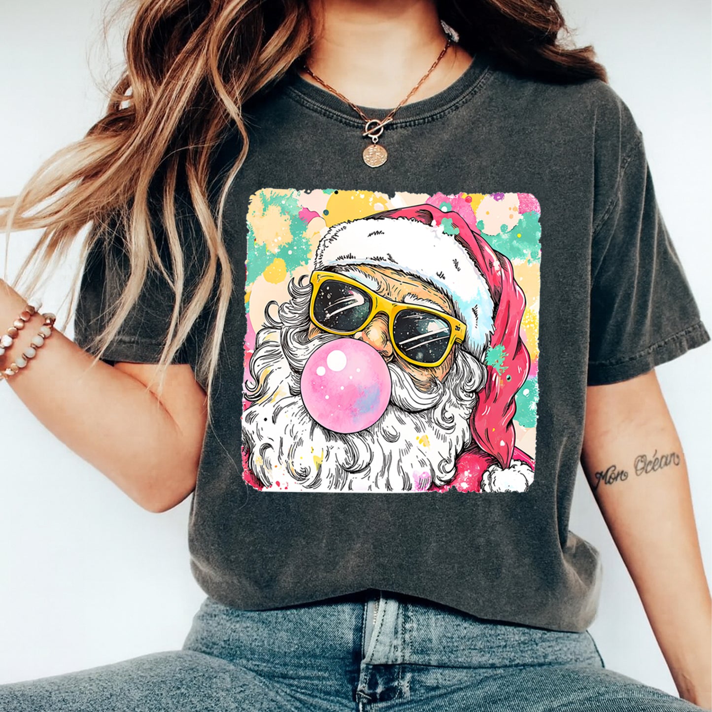 Christmas DTF Transfer – Cool Santa with Sunglasses and Bubblegum Ready to Press Iron On Heat Transfer for DIY Shirts 11694
