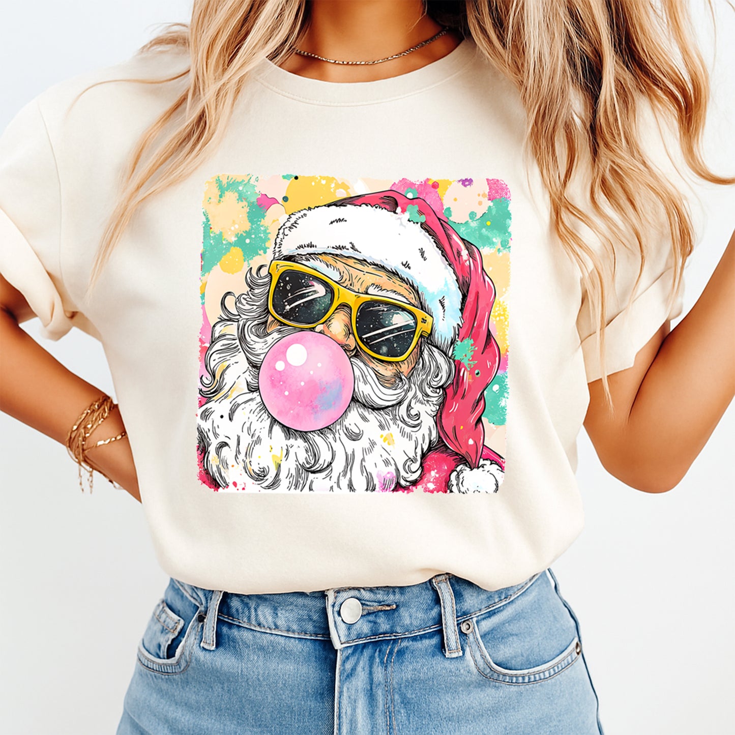 Christmas DTF Transfer – Cool Santa with Sunglasses and Bubblegum Ready to Press Iron On Heat Transfer for DIY Shirts 11694