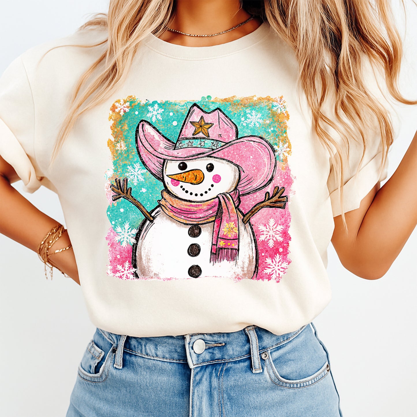 Christmas DTF Transfer – Cowgirl Snowman with Pink Hat and Scarf Ready to Press Iron On Heat Transfer for DIY Shirts 11695