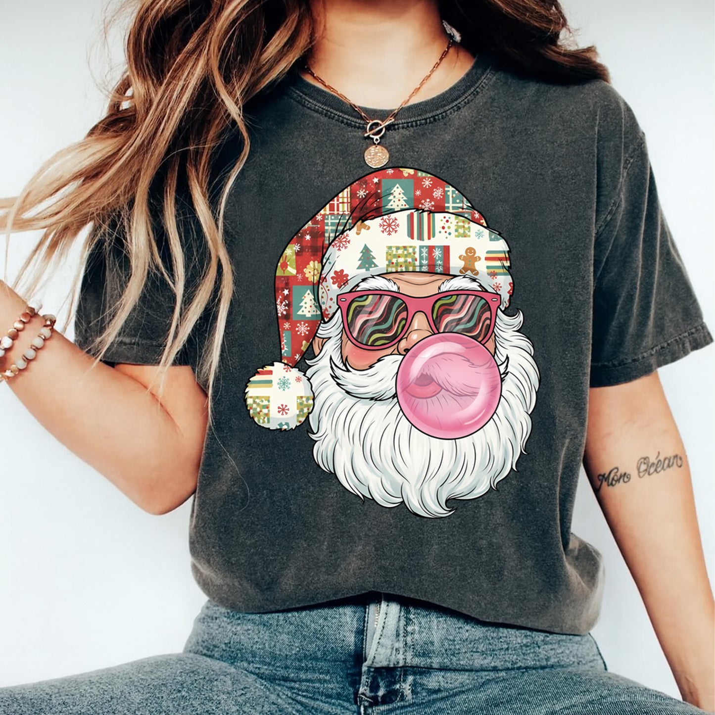 Christmas DTF Transfer – Retro Bubblegum Santa with Patchwork Hat Ready to Press Iron On Heat Transfer for DIY Shirts 11696