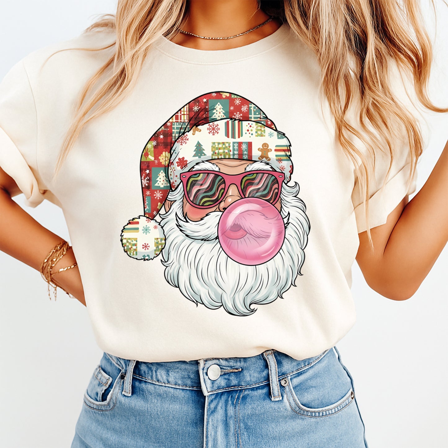 Christmas DTF Transfer – Retro Bubblegum Santa with Patchwork Hat Ready to Press Iron On Heat Transfer for DIY Shirts 11696