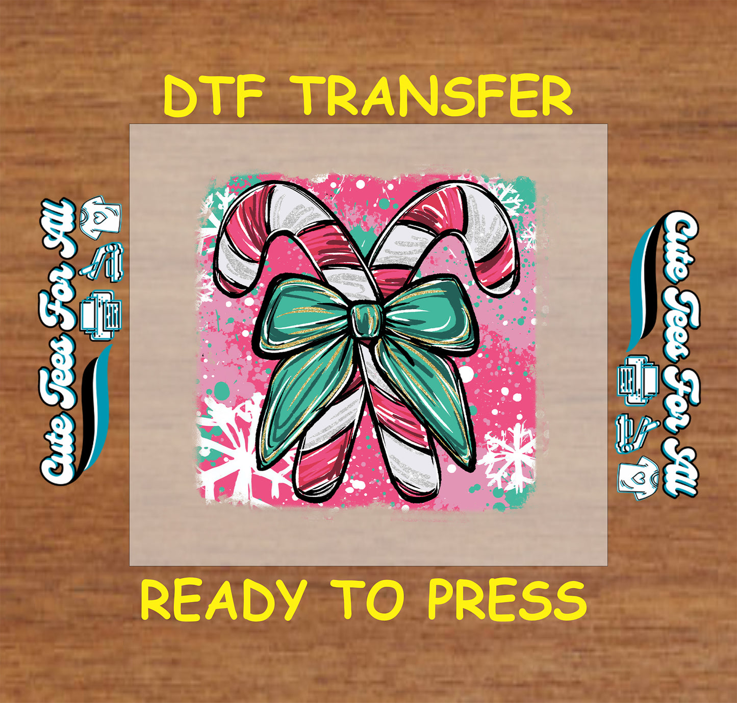 candy canes with teal bow pink background snowflakes ready to press dtf iron on heat transfer for diy shirts