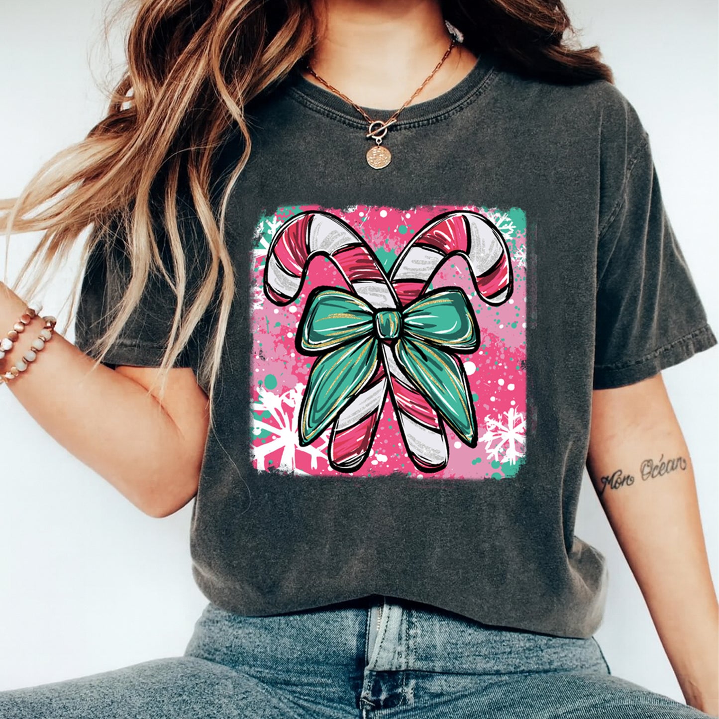 Christmas DTF Transfer – Candy Canes with Teal Bow Ready to Press Iron On Heat Transfer for DIY Shirts 11697