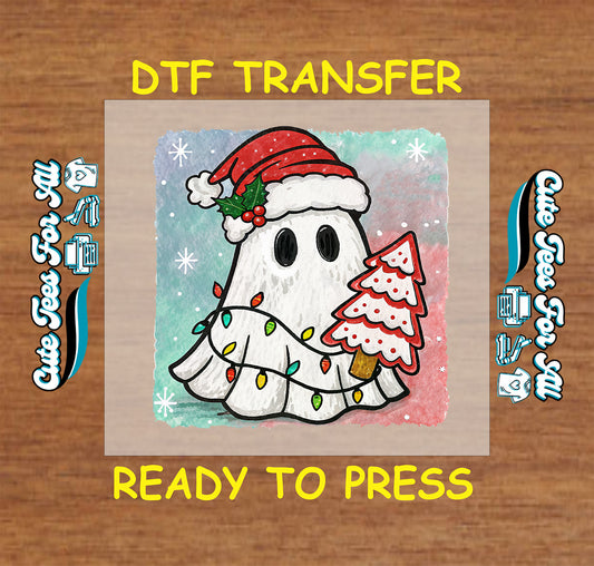 ghost wearing santa hat holding christmas tree wrapped in lights ready to press dtf iron on heat transfer for diy shirts