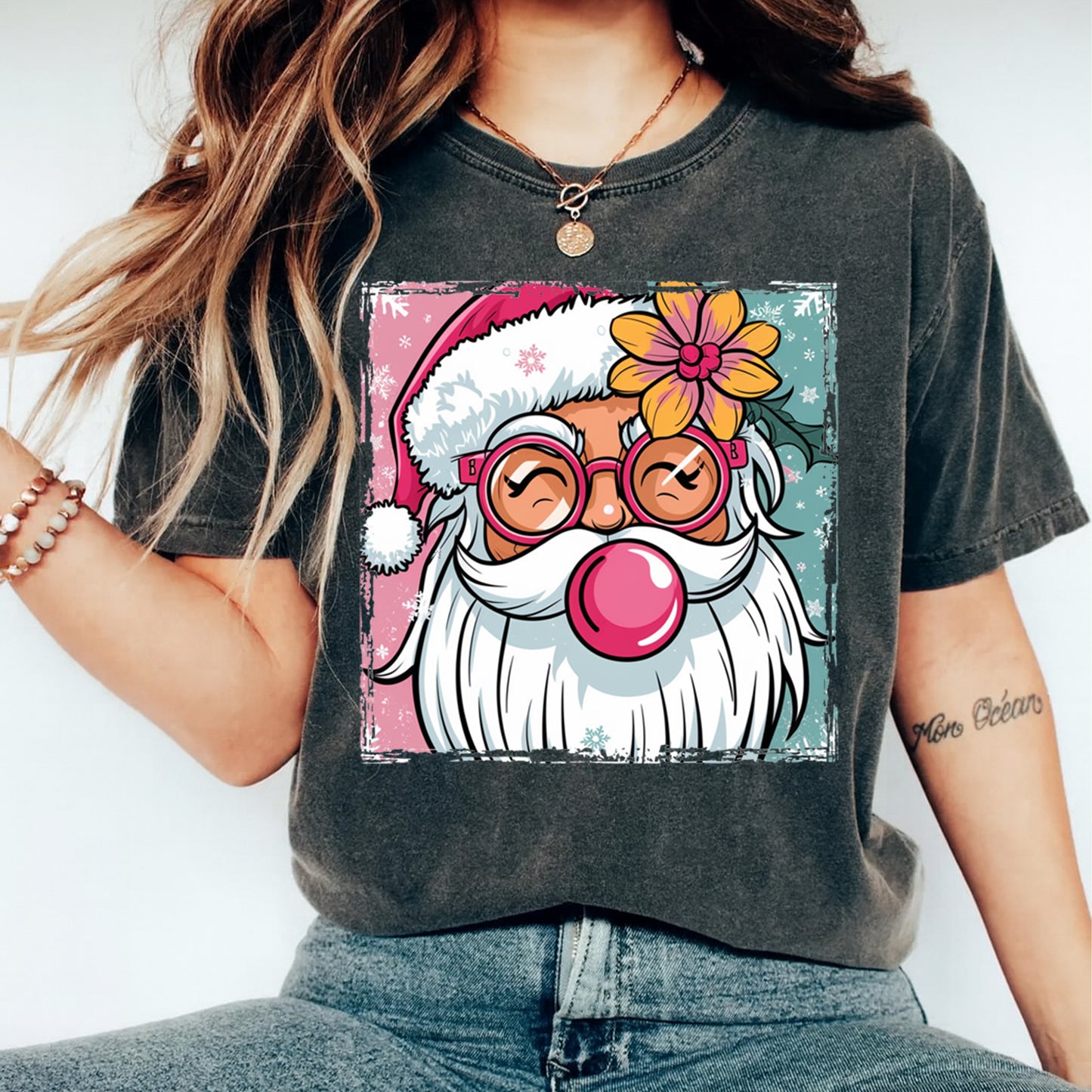 Christmas DTF Transfer – Retro Santa with Flower Glasses and Bubblegum Ready to Press Iron On Heat Transfer for DIY Shirts 11699