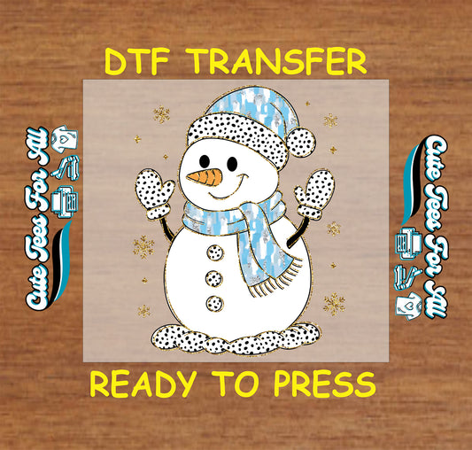 snowman with blue plaid scarf and polka dot hat ready to press dtf iron on heat transfer for diy shirts