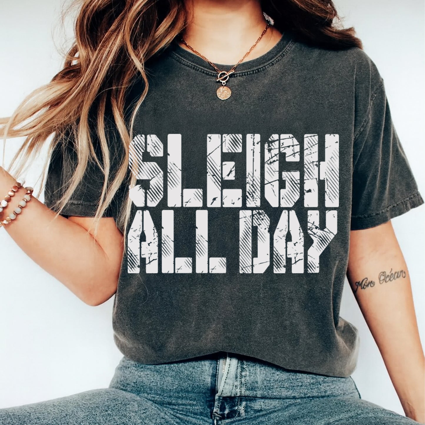 Christmas DTF Transfer – Sleigh All Day Grunge Text Ready to Press Iron On Heat Transfer for DIY Shirts 11702