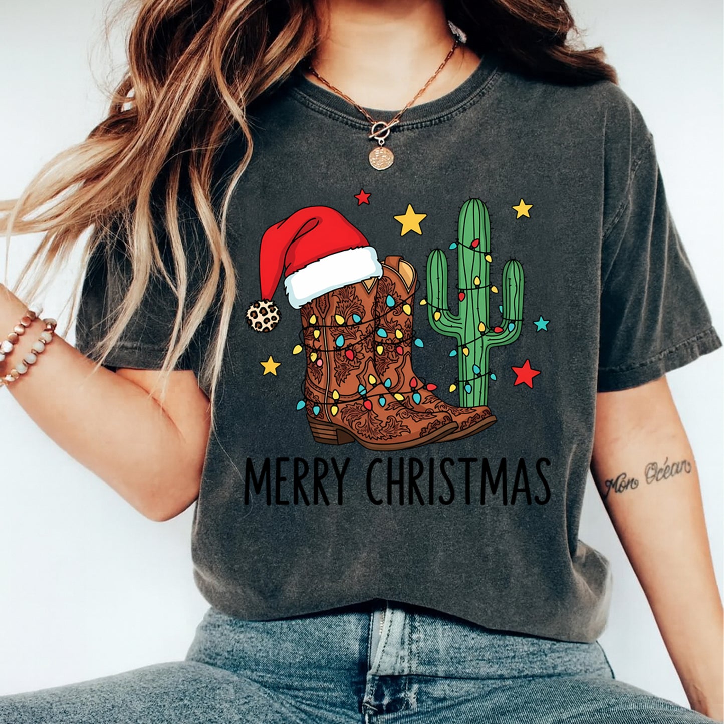 Christmas DTF Transfer – Western Cowboy Boot and Cactus Merry Christmas Ready to Press Iron On Heat Transfer for DIY Shirts 11707