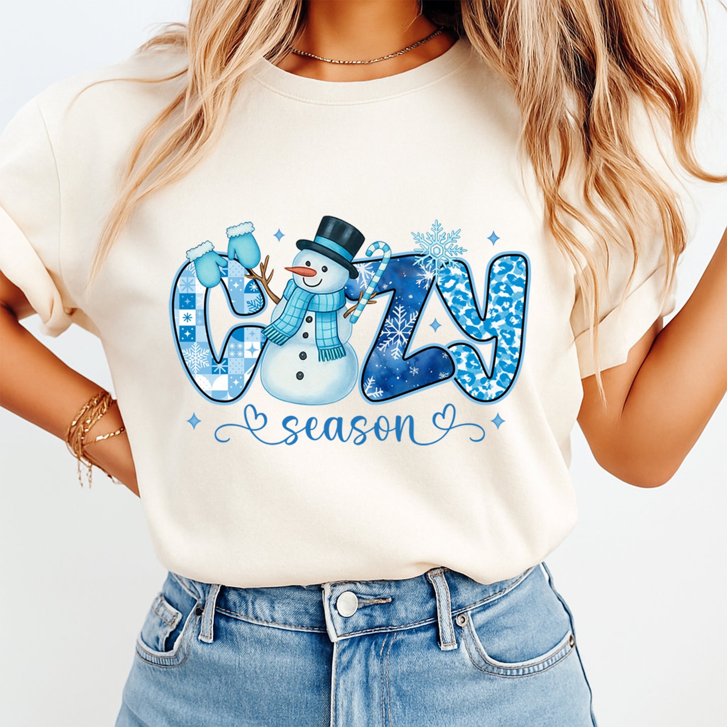 Christmas DTF Transfer – Cozy Season Snowman with Mittens Ready to Press Iron On Heat Transfer for DIY Shirts 11709