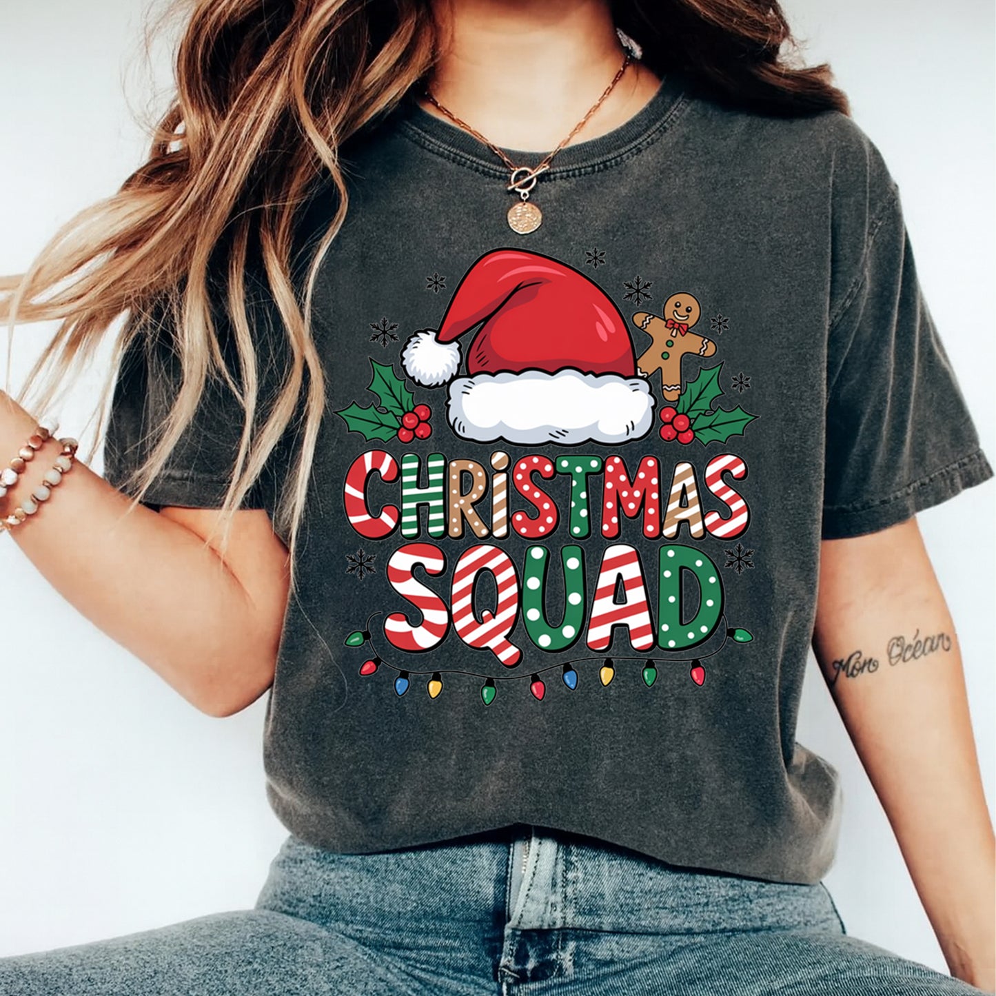 Christmas DTF Transfer – Christmas Squad Santa Hat Holly Lights Ready to Press Iron On Heat Transfer for DIY Shirts 11710