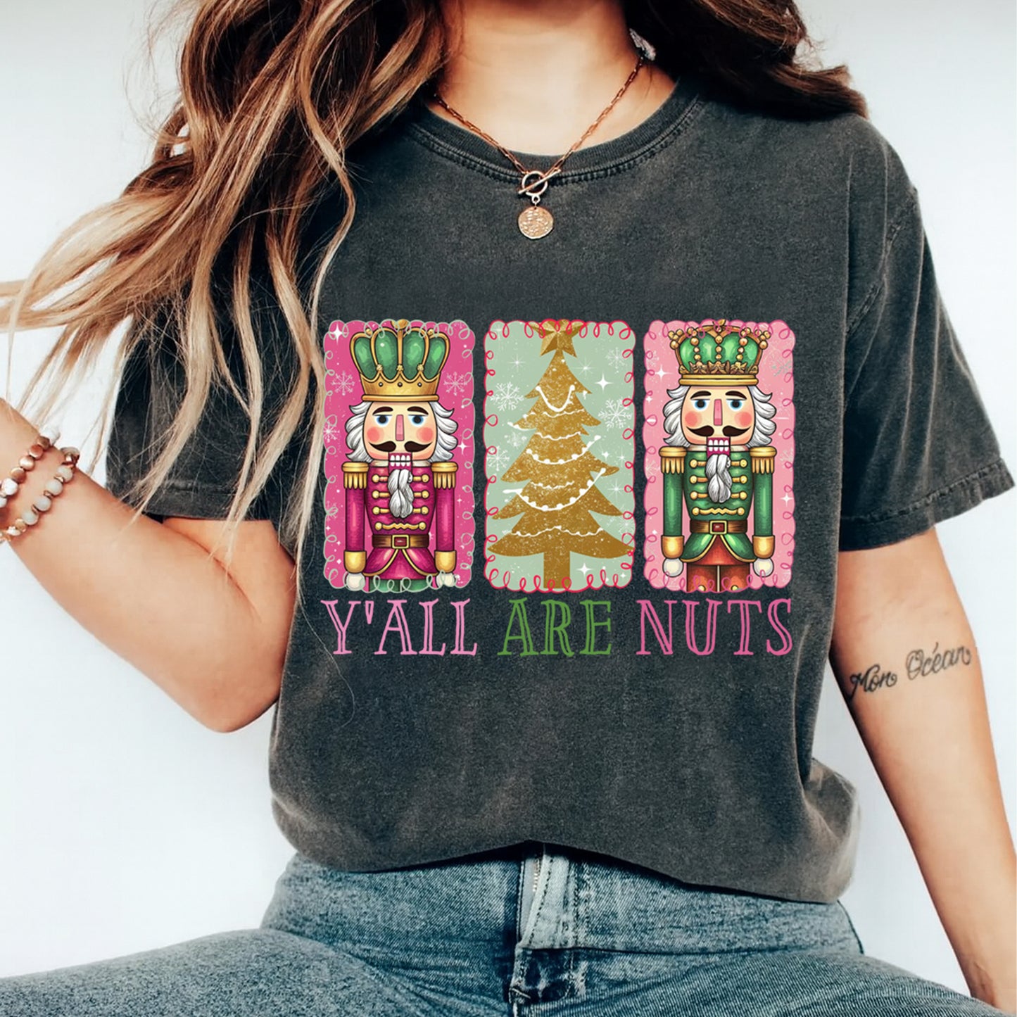 Christmas DTF Transfer – Y’all Are Nuts Nutcracker and Glitter Tree Ready to Press Iron On Heat Transfer for DIY Shirts 11711