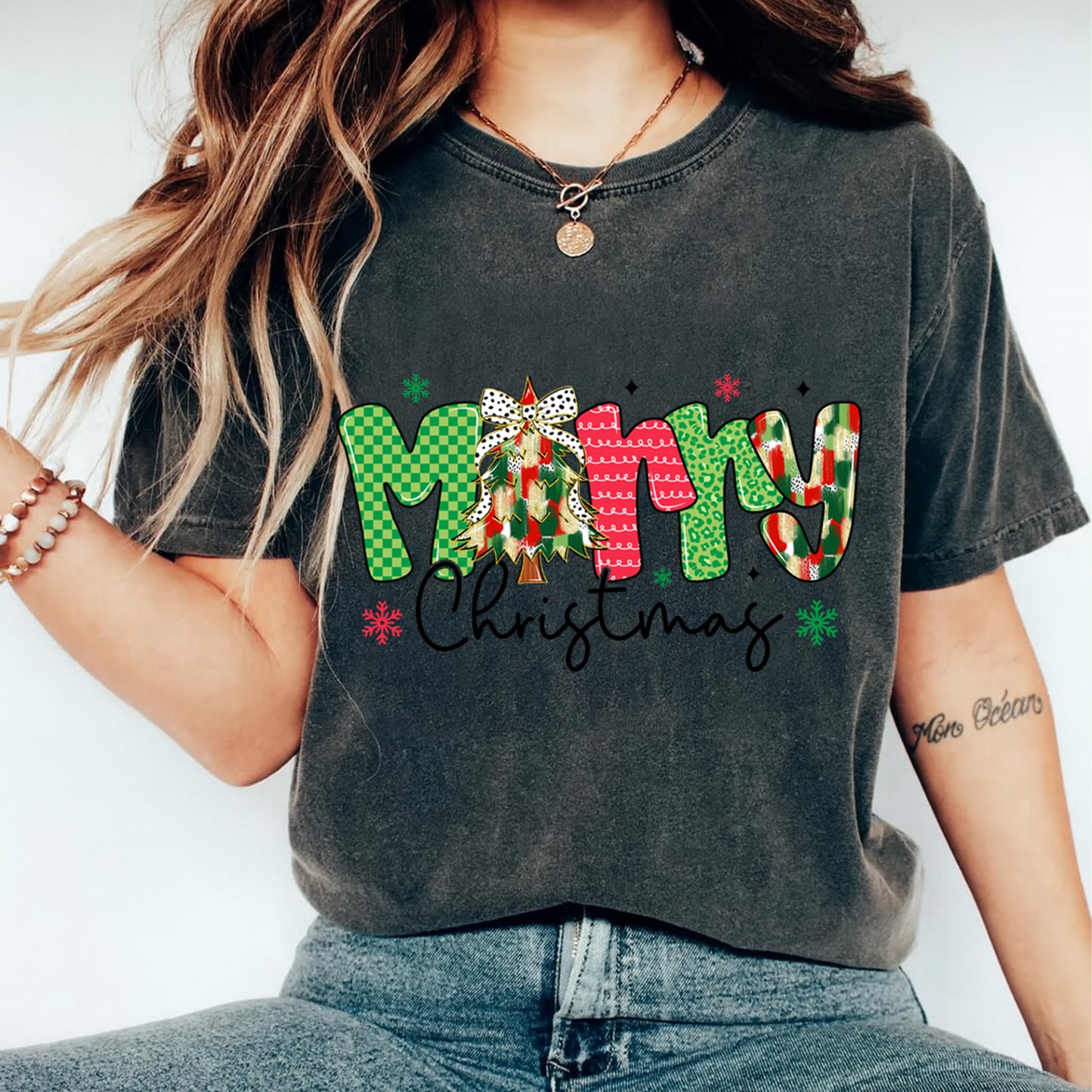 Christmas DTF Transfer – Merry Christmas Tree Bow Plaid and Leopard Print Ready to Press Iron On Heat Transfer for DIY Shirts 11714