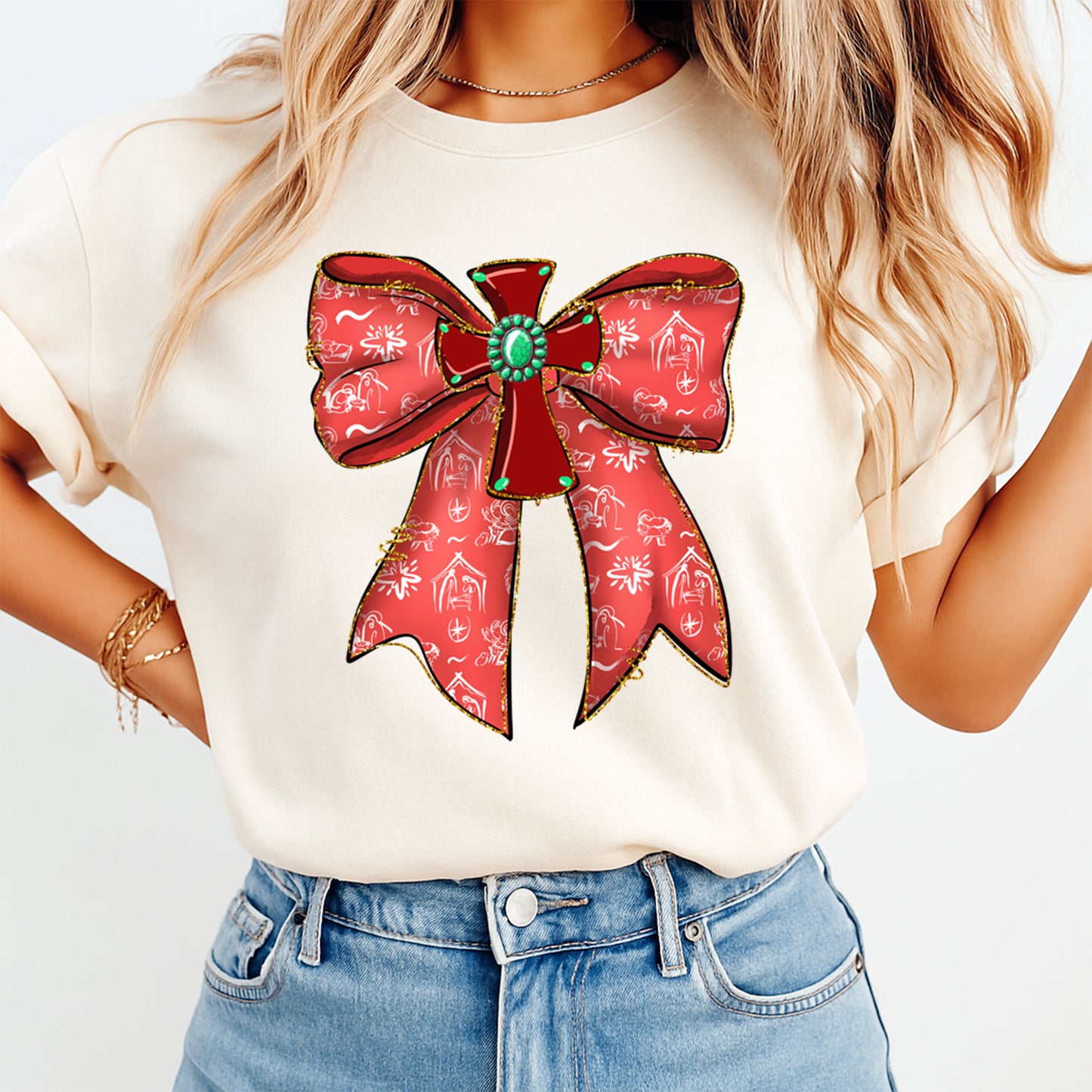 Christmas DTF Transfer – Western Red Bow with Turquoise Gem Ready to Press Iron On Heat Transfer for DIY Shirts 11715