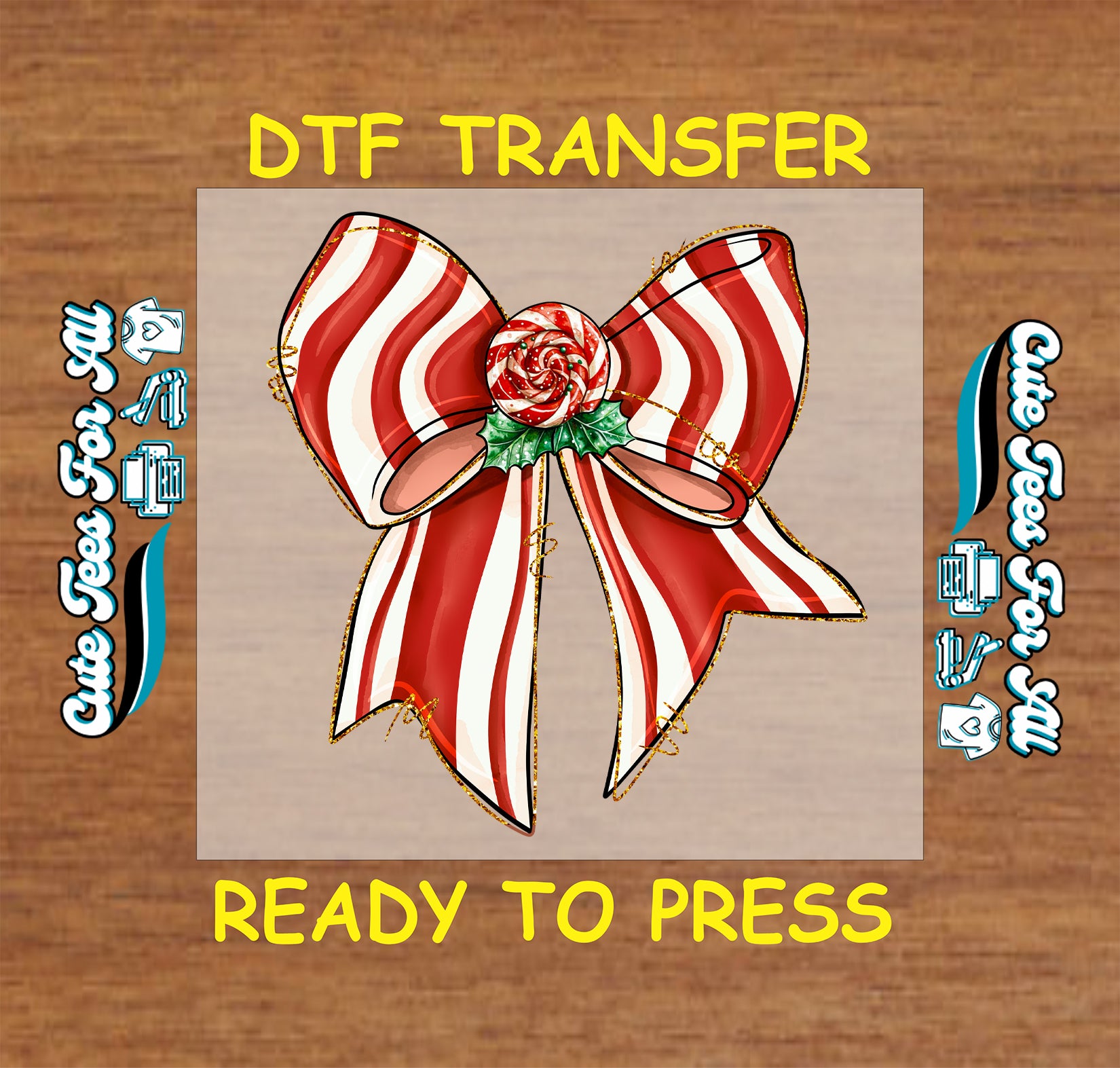 candy cane stripe red and white bow dtf transfer with peppermint swirl ready to press iron on heat transfer for diy shirts