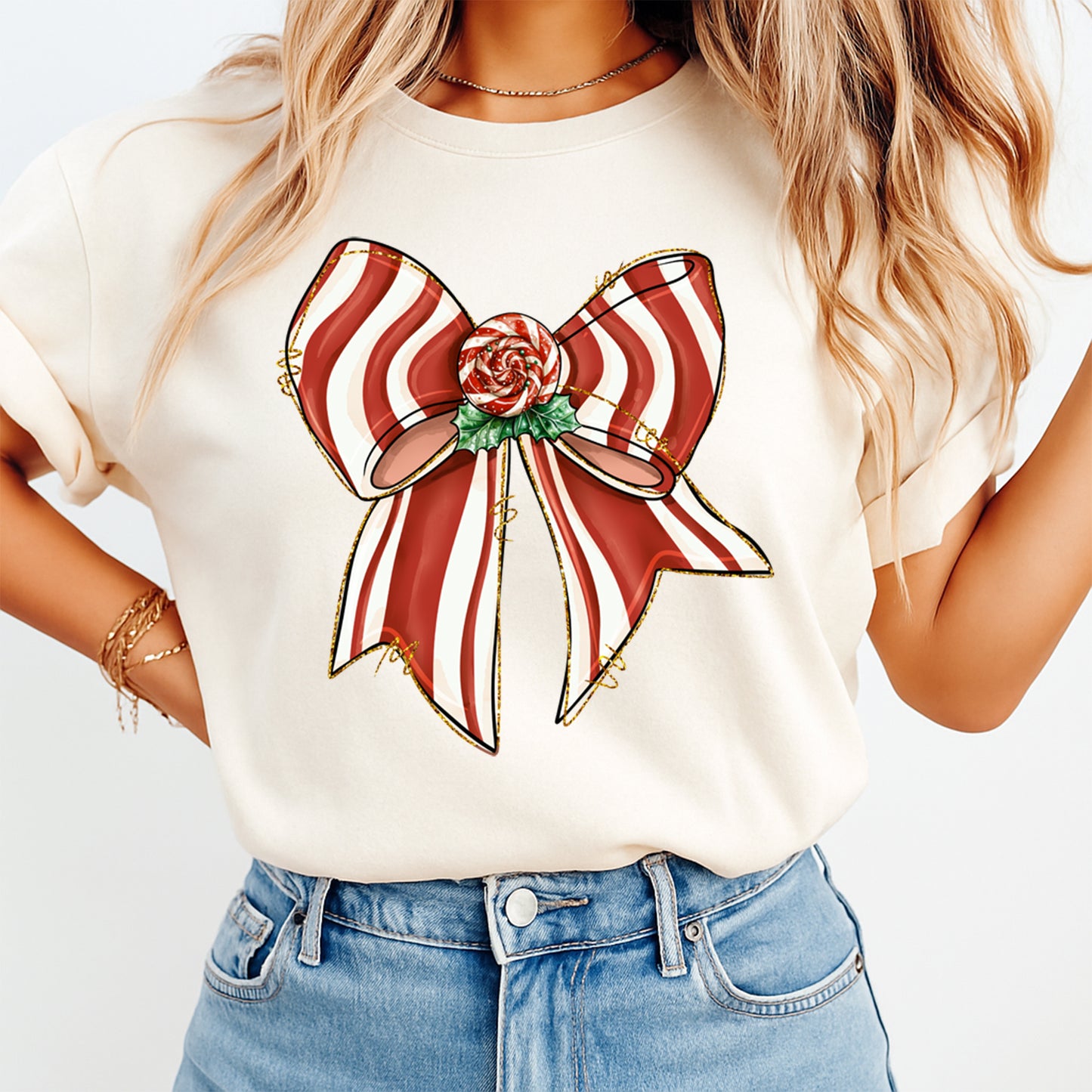 Christmas DTF Transfer – Candy Cane Stripe Red and White Bow with Peppermint Center Ready to Press Iron On Heat Transfer for DIY Shirts 11717