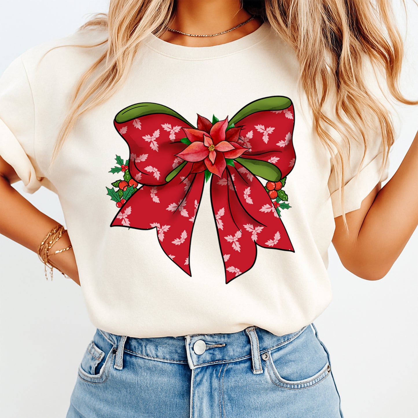 Christmas DTF Transfer – Poinsettia Red Bow with Holly Leaves Ready to Press Iron On Heat Transfer for DIY Shirts 11718