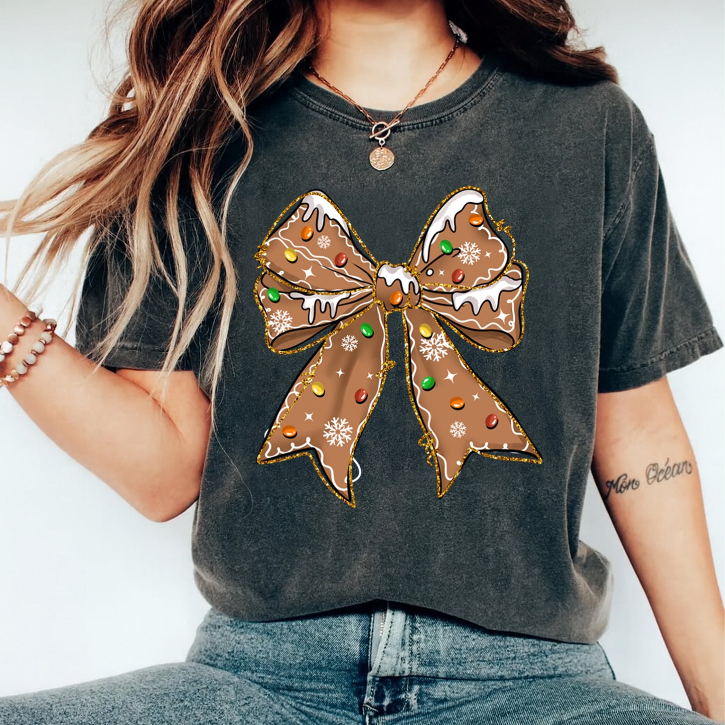 Christmas DTF Transfer – Gingerbread Bow with Icing and Candy Lights Ready to Press Iron On Heat Transfer for DIY Shirts 11719