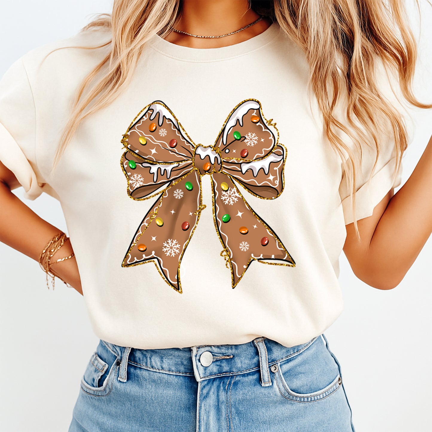 Christmas DTF Transfer – Gingerbread Bow with Icing and Candy Lights Ready to Press Iron On Heat Transfer for DIY Shirts 11719