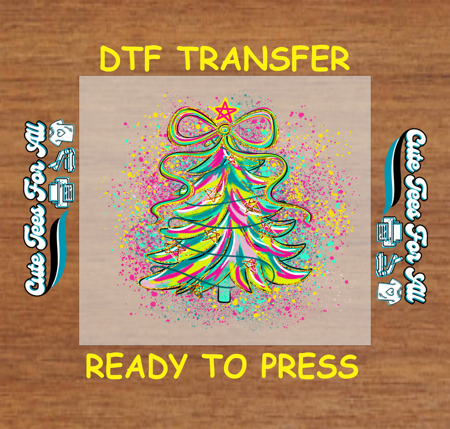 neon splatter christmas tree dtf transfer with ribbon star ready to press iron on heat transfer for diy shirts