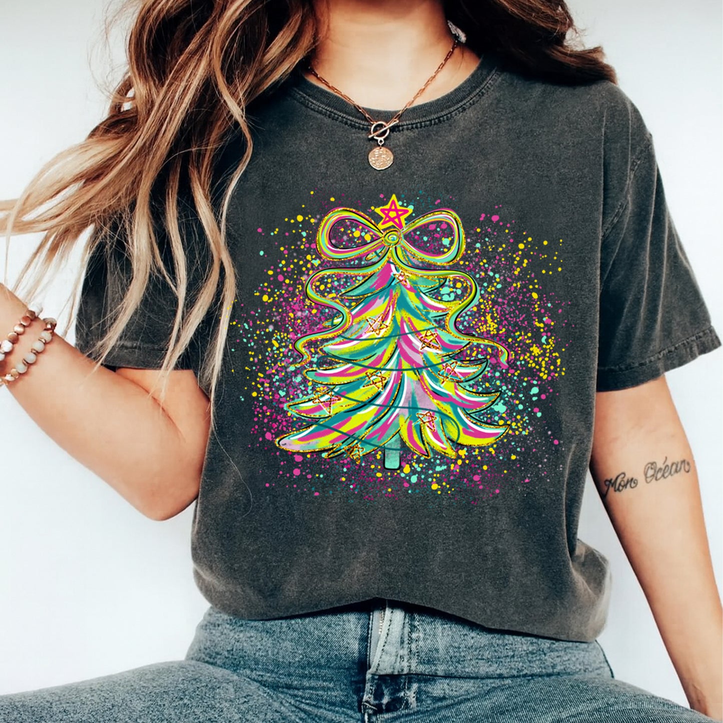 Christmas DTF Transfer – Neon Splatter Tree with Ribbon Star Ready to Press Iron On Heat Transfer for DIY Shirts 11721