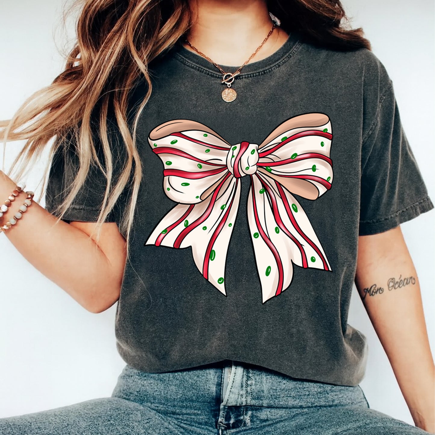 Christmas DTF Transfer – Candy Stripe Bow with Red and Green Polka Dots Ready to Press Iron On Heat Transfer for DIY Shirts 11722