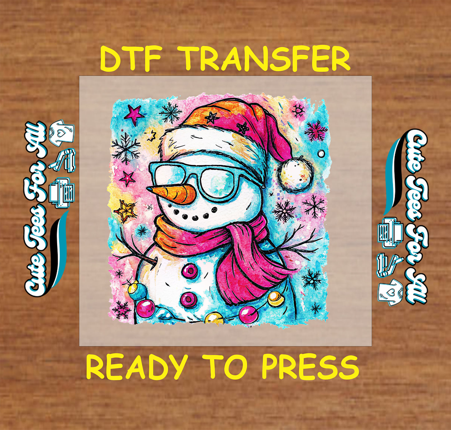 Snowman with teal glasses and red scarf surrounded by snowflakes, ready to press dtf iron on heat transfer for DIY shirts