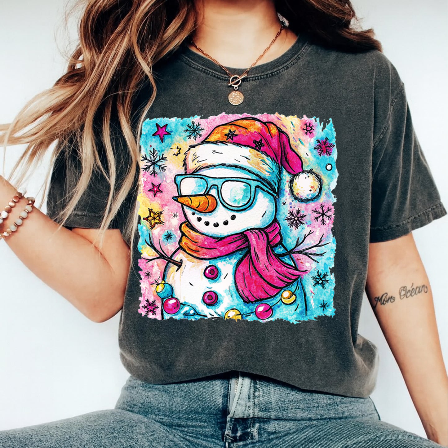 Christmas DTF Transfer – Snowman with Glasses & Scarf Ready to Press Iron On Heat Transfer for DIY Shirts 11724