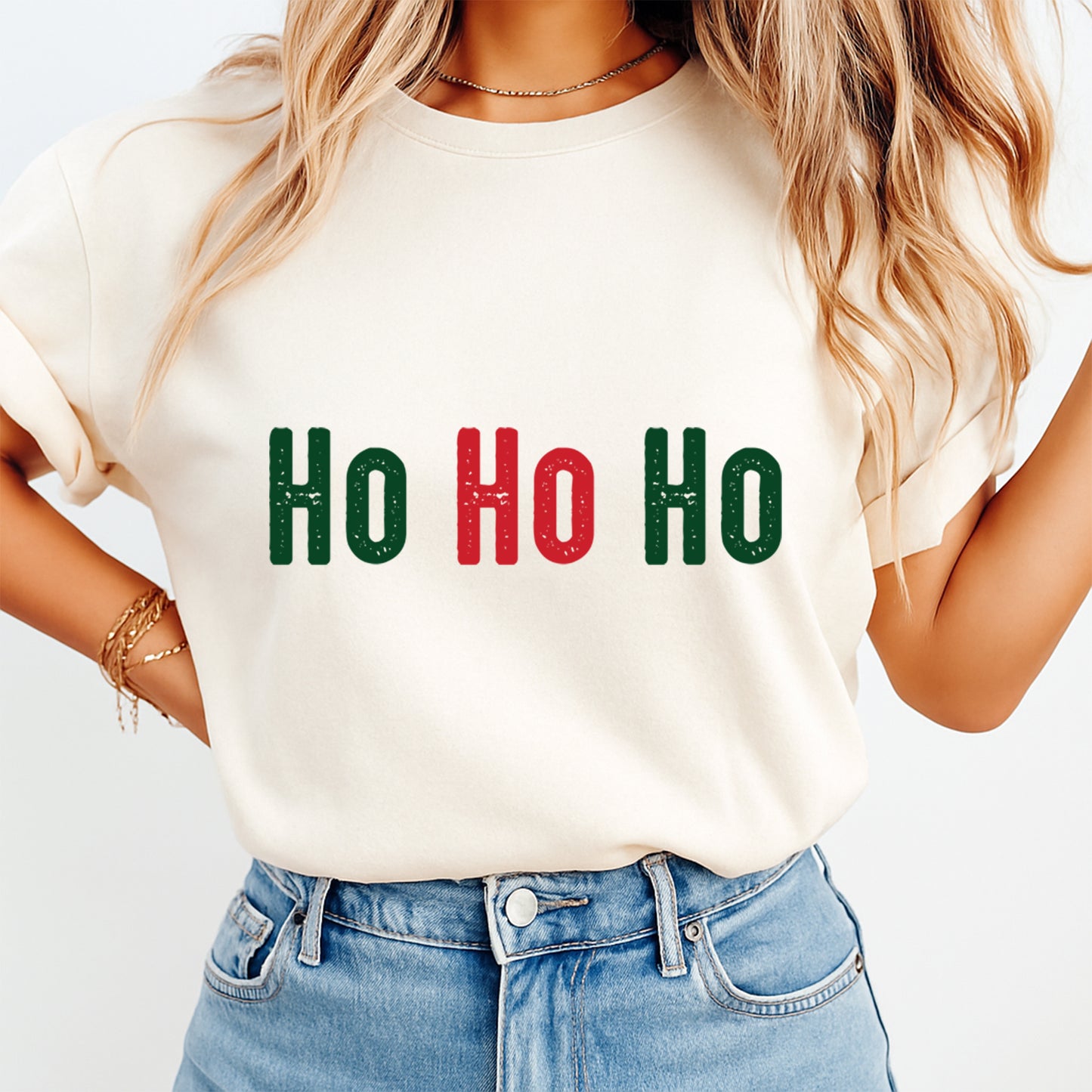 Christmas DTF Transfer – Red & Green Ho Ho Ho Text Ready to Press Iron On Heat Transfer for DIY Shirts 11725